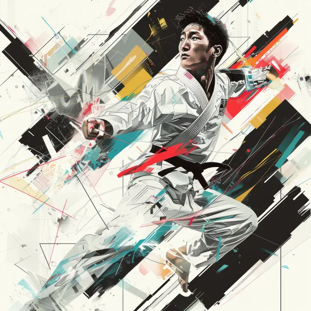 Taekwondo fighter in white uniform mid-kick with geometric motion lines and splashes behind.