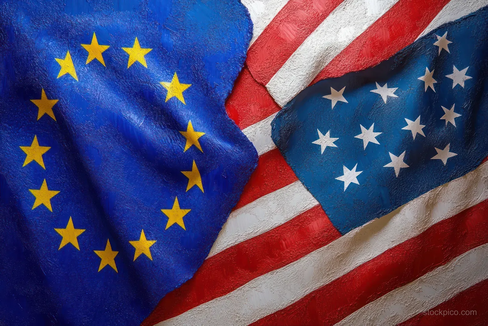 Overlapping EU and US flags with textured folds, showing yellow stars and striped blue and red fabric.