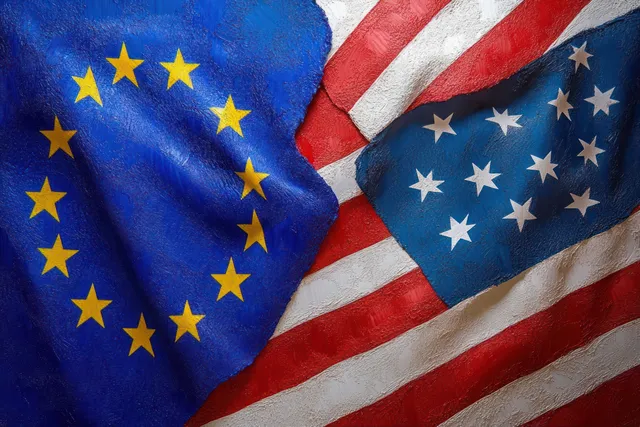 Overlapping EU and US flags with textured folds, showing yellow stars and striped blue and red fabric.