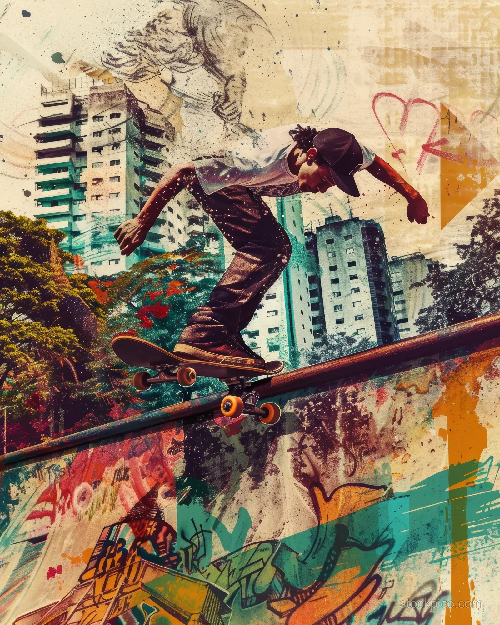 A skateboarder grinds a rail in a graffiti-filled skatepark with colorful buildings in the background.