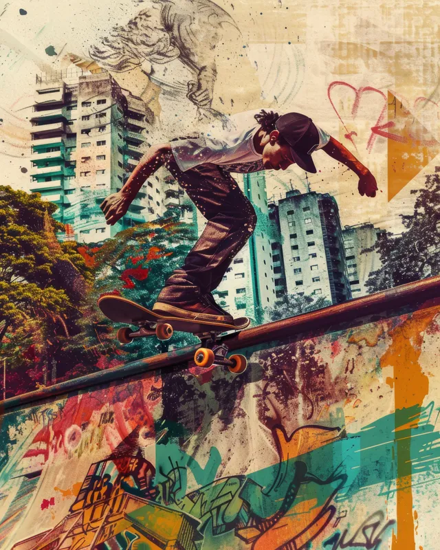 Un patinador hace grind sobre un riel en un skatepark lleno de grafitis con edificios coloridos al fondo.