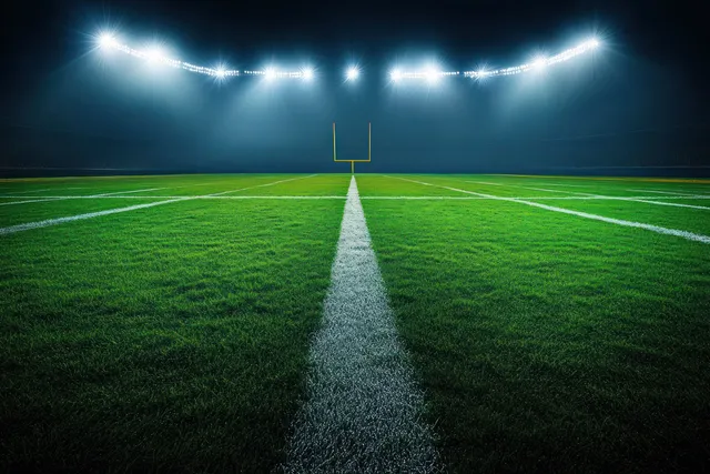 Nighttime football field lit by floodlights with bright green turf and a clear center line.