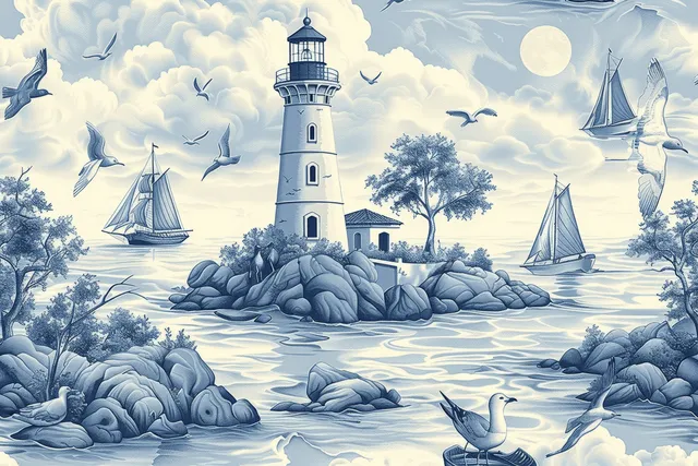 Seamless nautical toile pattern with a lighthouse, sailboats, and seagulls over moonlit turquoise water.