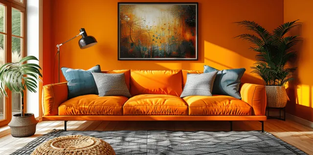 Minimalist living room scene with white sofa, abstract wall art, warm terracotta walls