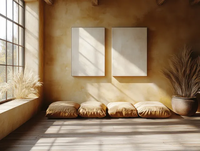 Two blank square frames hang on a warm earth-toned wall as soft sunlight illuminates a minimalist living room corner.