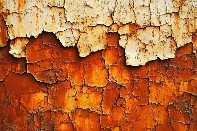 Cracked orange and white paint peeling from a rough wall with rust stains and flaking texture.