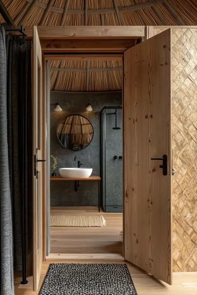 Partially open wooden door frames a rustic bathroom with round mirror, wall sink, and rain shower beneath a thatched ceiling.