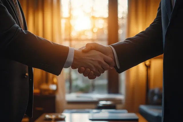 Two business professionals shake hands in a warmly lit office.