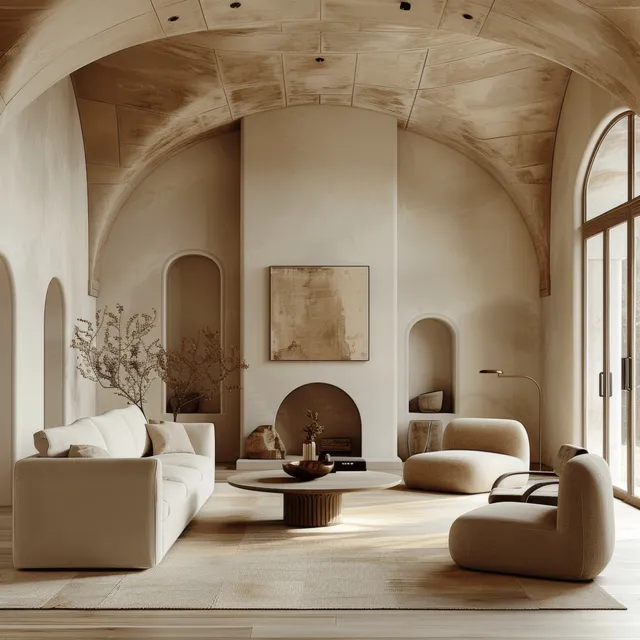 Sunlit minimalist living room with arched stucco ceiling, sofas, fireplace niche, and a round coffee table.