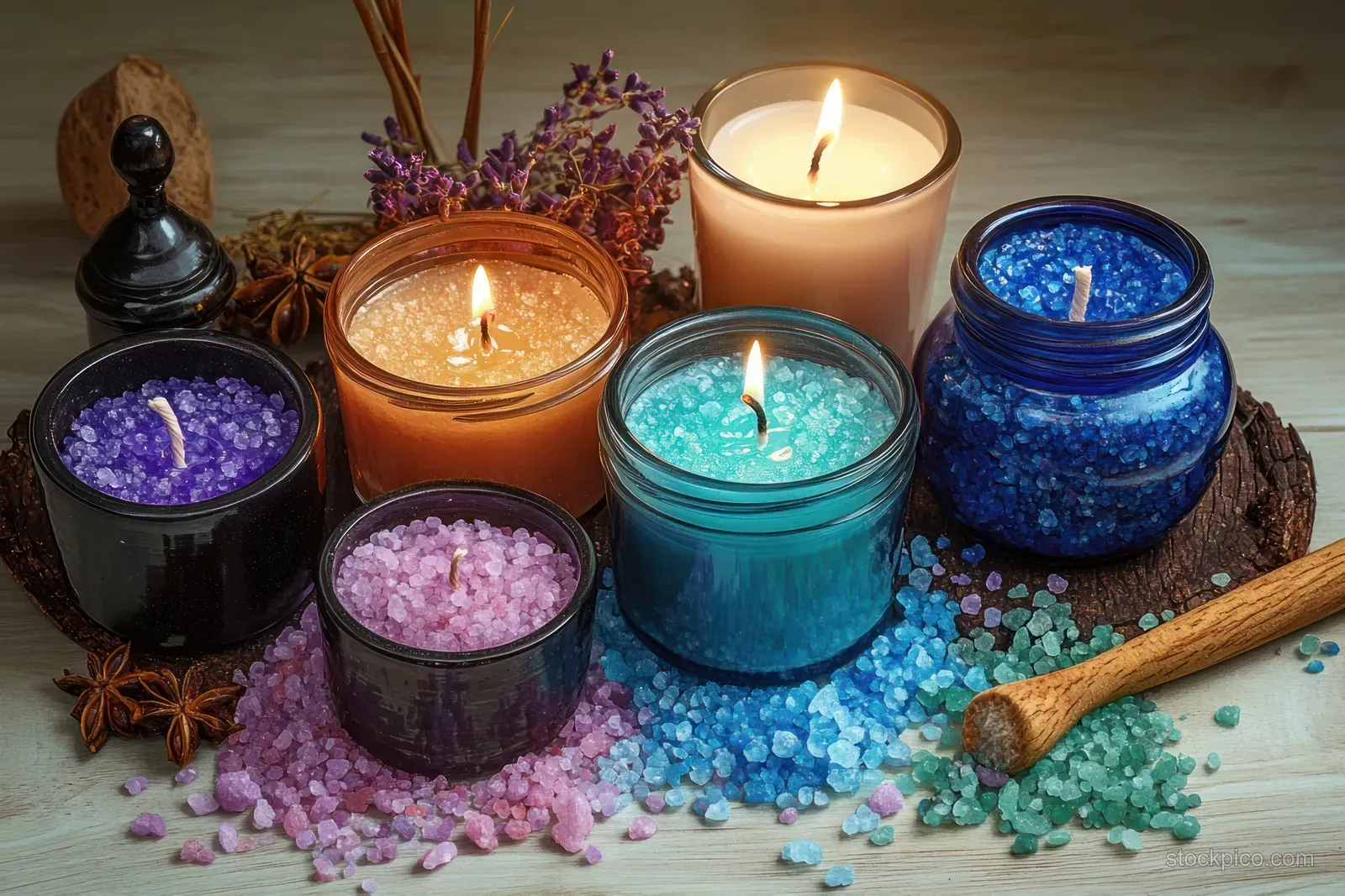 Aromatic candles in colored glass jars with purple, blue, teal, and peach bath salts on a wooden tabletop.