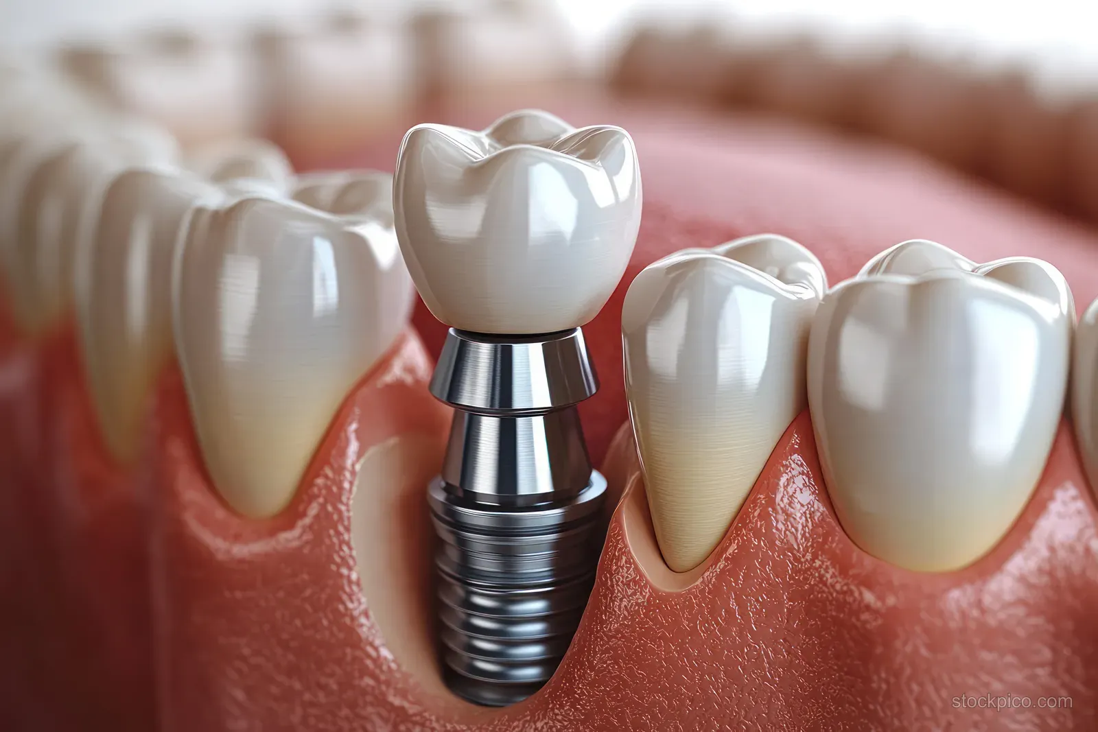 A dental implant with attached crown sits in red gum tissue between natural-looking teeth in close-up.