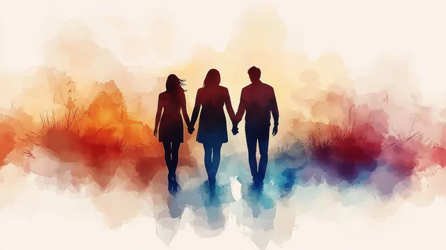 A diverse group walks holding hands through colorful watercolor smoke clouds.