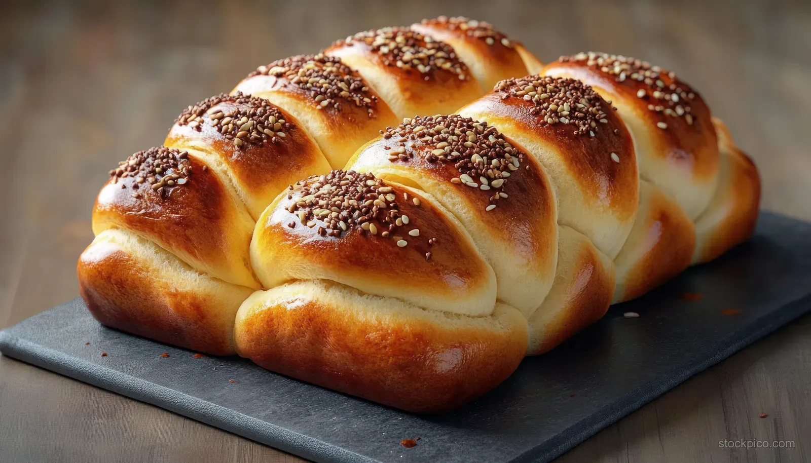 Braided golden bread loaf with mixed seeds on a dark cutting board, cooling beside a blurred background.