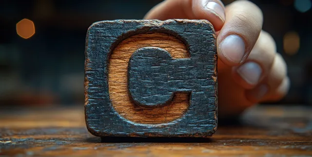 A hand presses a wooden letter block on a rustic table with blurred lights behind it.