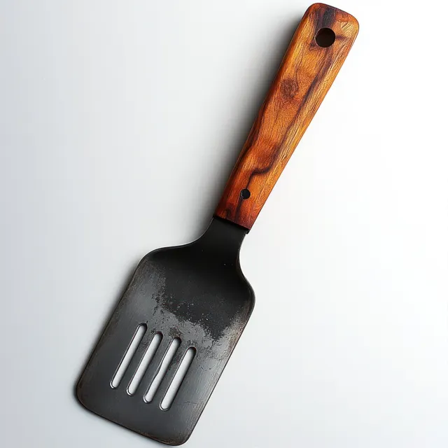 Metal spatula with a warm brown wooden handle lying on a white surface, showing wood grain and blade texture.