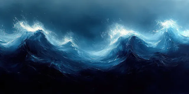 Abstract ocean waves ripple across a deep blue and turquoise watercolor texture background.
