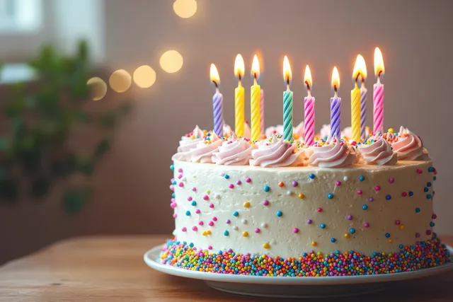 A frosted birthday cake with colorful sprinkles and several lit pastel candles sits on a plate.