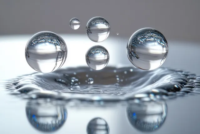 Clear water droplets hover above a rippling surface, reflecting light in a soft blurred background.