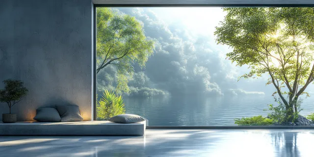 Minimalist concrete room with a sofa beside a large window showing sunlit trees and a calm lake.