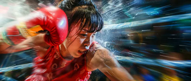 A female flyweight boxer punches forward in a boxing ring with motion-blurred blue lights and red gloves.
