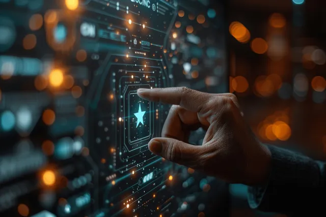 A hand points at a glowing quality assurance badge amid a blurred digital network and city lights.