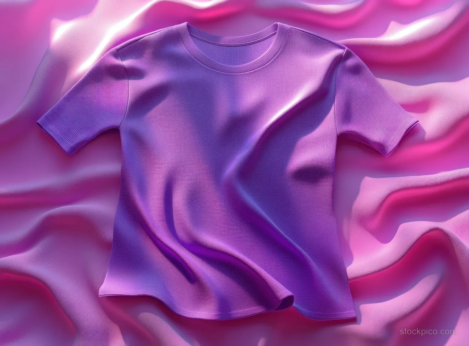 Purple round-neck athletic t-shirt 3D render lying on flowing satin-like waves.
