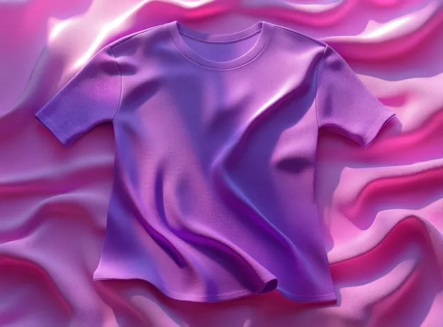 Purple round-neck athletic t-shirt 3D render on flowing satin fabric backdrop