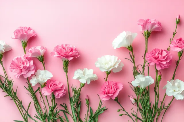 Pink and white carnations frame a soft pink background with airy spring floral arrangement