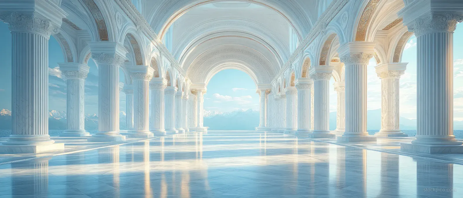 Neoclassical marble hall with repeating arches and columns, blue ambient light, and a reflective floor.