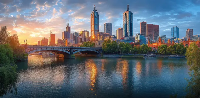 Sunrise view of Melbourne skyline reflected in the Yarra River with a bridge and tall office towers.