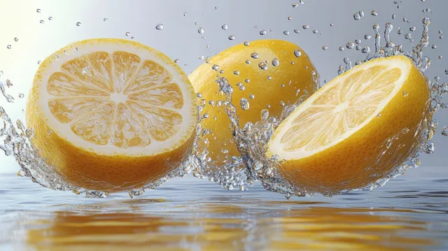 Yellow lemon halves splash into clear water with crisp droplets and rippling reflections