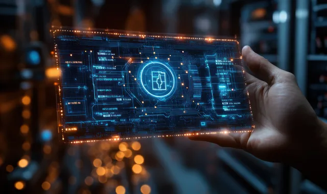 Hand holding a cyberpunk tablet showing futuristic supply chain logistics interface and cargo flow