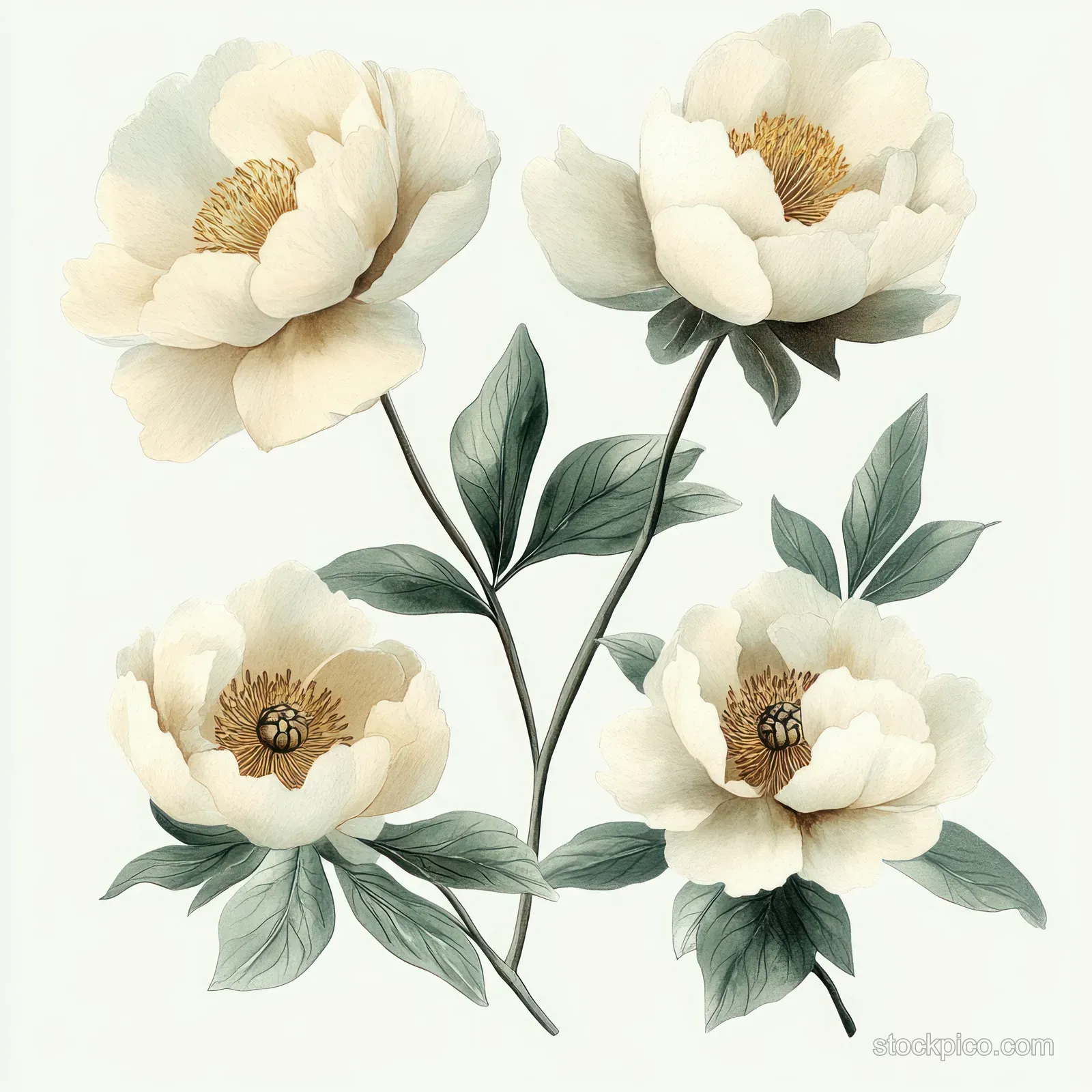 Watercolor peony blossoms with green leaves are illustrated on a light cream background.