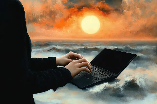 A person types on a laptop floating above ocean waves at sunset.