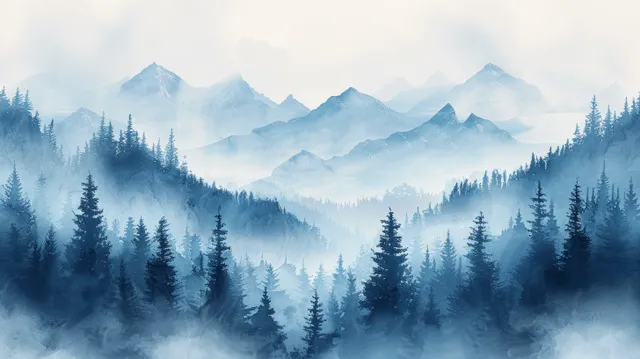 Blue watercolor pine forest disappears into thick winter fog with misty mountain silhouettes in the distance.