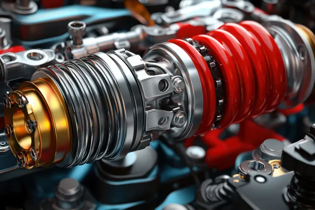 Close-up of red coil spring and polished suspension joints on a vehicle chassis