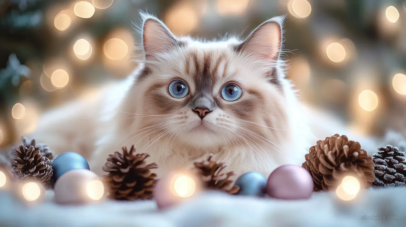 A fluffy blue-eyed cat peeks out from pine cones and Christmas ornaments with warm glowing background lights.