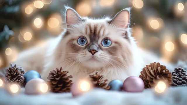 A fluffy blue-eyed cat peeks out from pine cones and Christmas ornaments with warm glowing background lights.