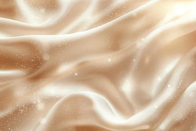 Shimmering gold satin fabric drapes in wave folds with soft bokeh sparkles across a light background.