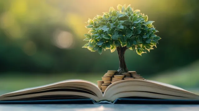 Young tree sprouting from stacked coins beside an open book in golden-hour light