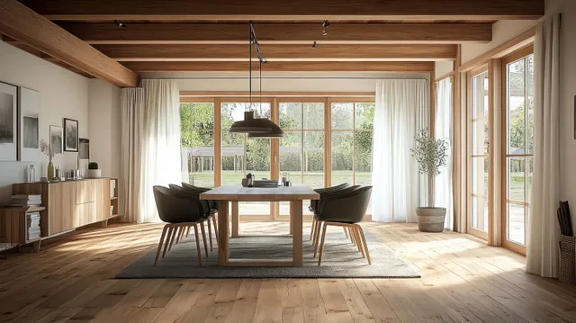 Bright dining room with large window garden view, wooden beams, and modern table setting