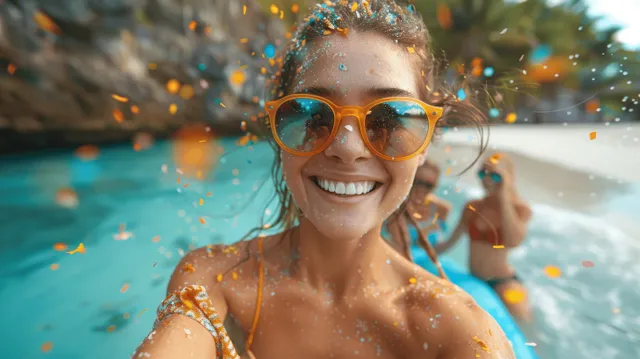 Friends celebrating on tropical beach, selfie with confetti at sunset over turquoise water