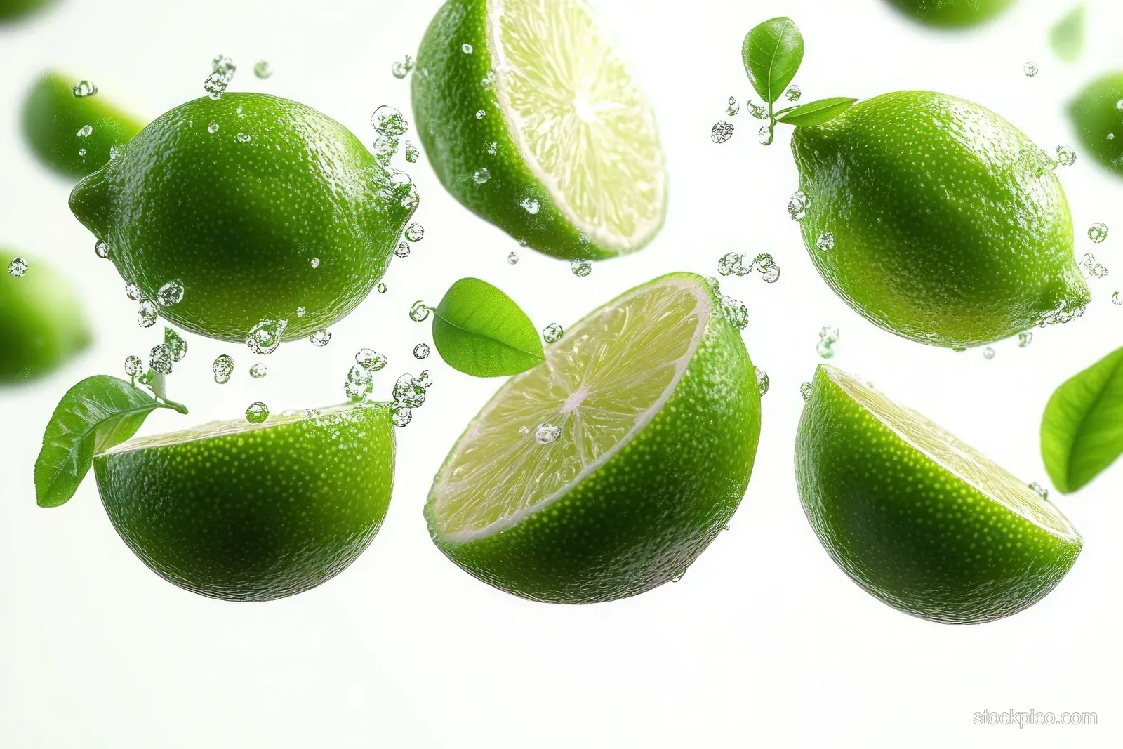 Whole and sliced green limes with water droplets and leaves on a clean white background.