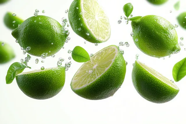 Green limes suspended with water droplets and leaves on a clean white background