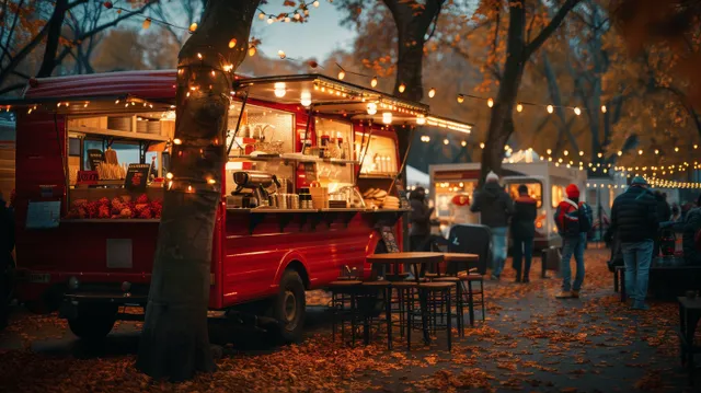 A red food truck glows in an autumn night market square beside lit street food stalls and people.