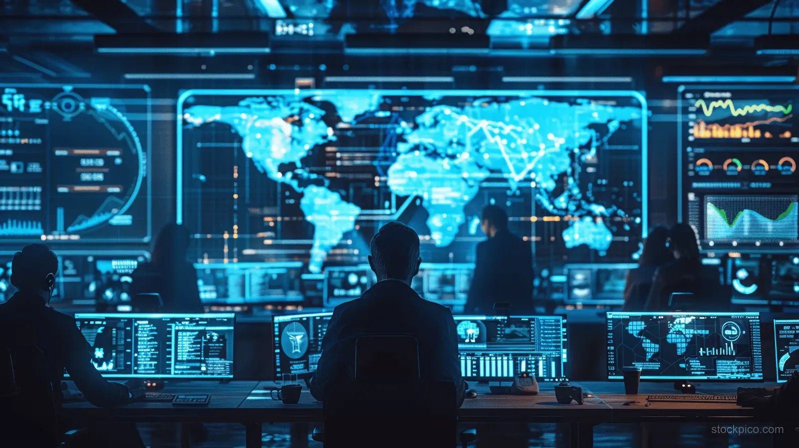 Security analyst works at a control desk in a futuristic office with blue cybersecurity dashboards and a world map display.