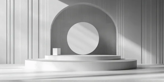 Minimal white podium platform on a studio stage under an arched opening with striped light wall background.