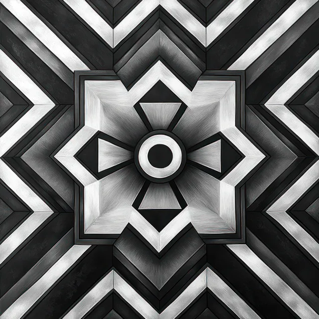 Monochrome geometric mandala pattern with zigzag rays and central gear-like rosette