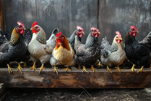Colorful hens and roosters stand together on a wooden perch inside against a dark rustic wall background.
