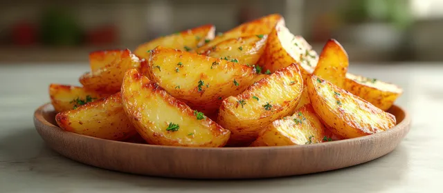 Golden Roasted Potato Wedges Piled on a Wooden Plate
